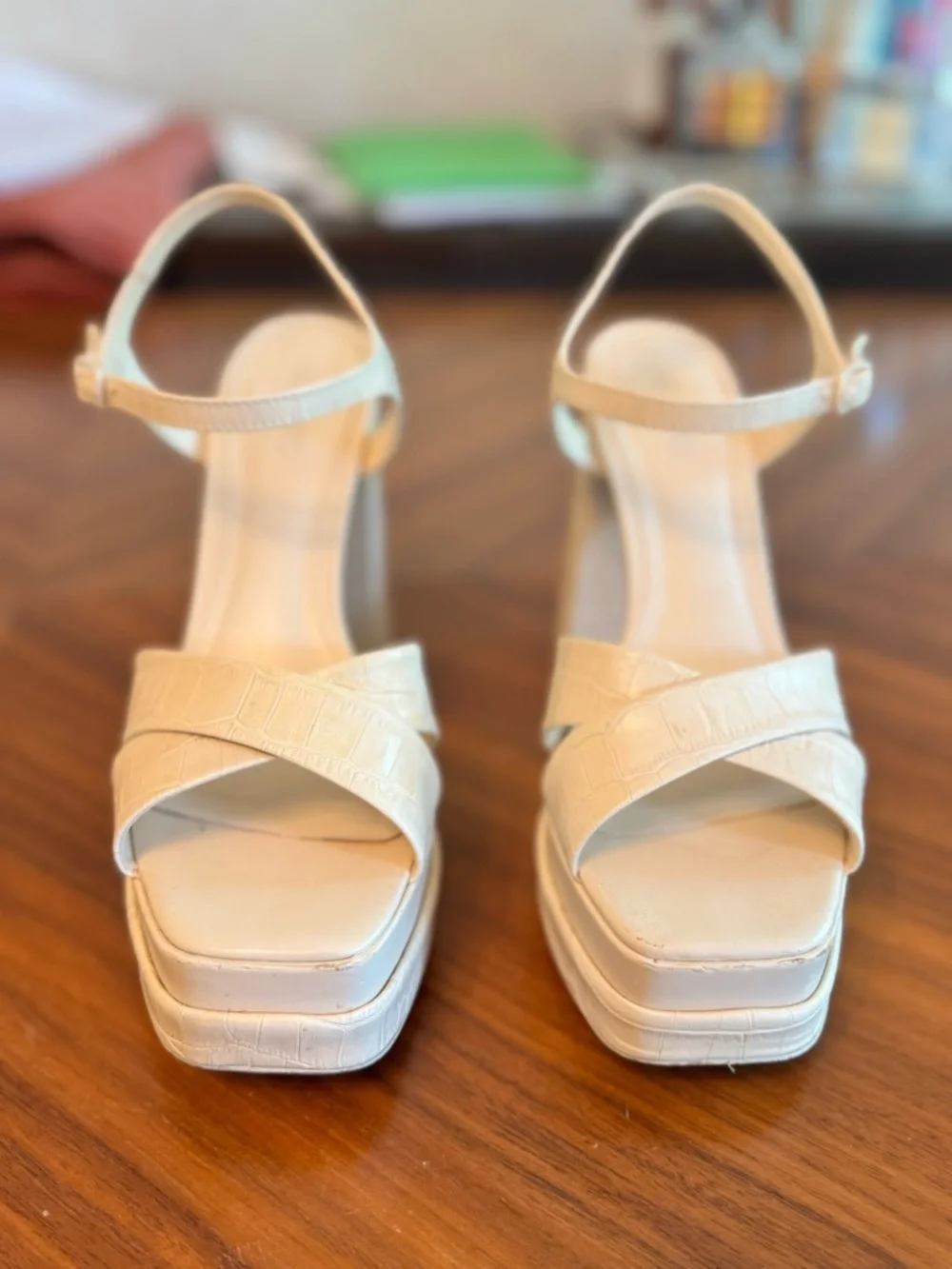 Arezzo Croc Embossed Platform Block Heel Sandals Nude US 9
